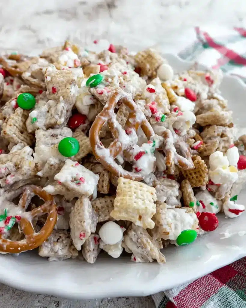 Gluten free Christmas reindeer chow with cereal, pretzels, and holiday candy