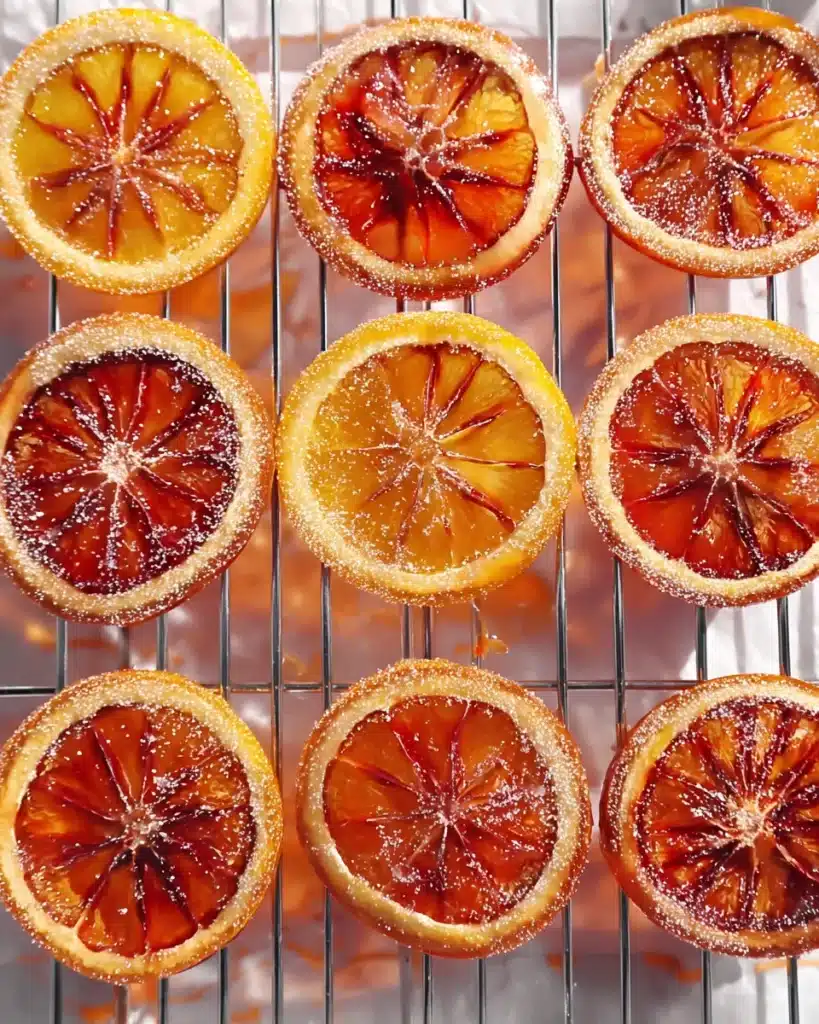 Glossy candied blood orange slices drying on a wire rack