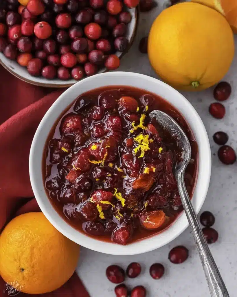Cranberry orange sauce in bowl with spoon and fresh cranberries
