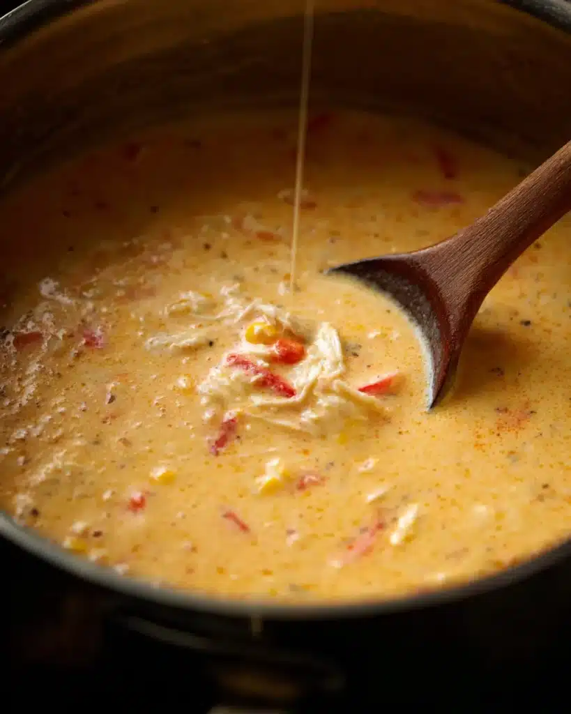 Crab corn chowder simmering in a pot with red pepper and corn