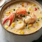 Creamy crab corn chowder with crab claw, fresh corn, and parsley