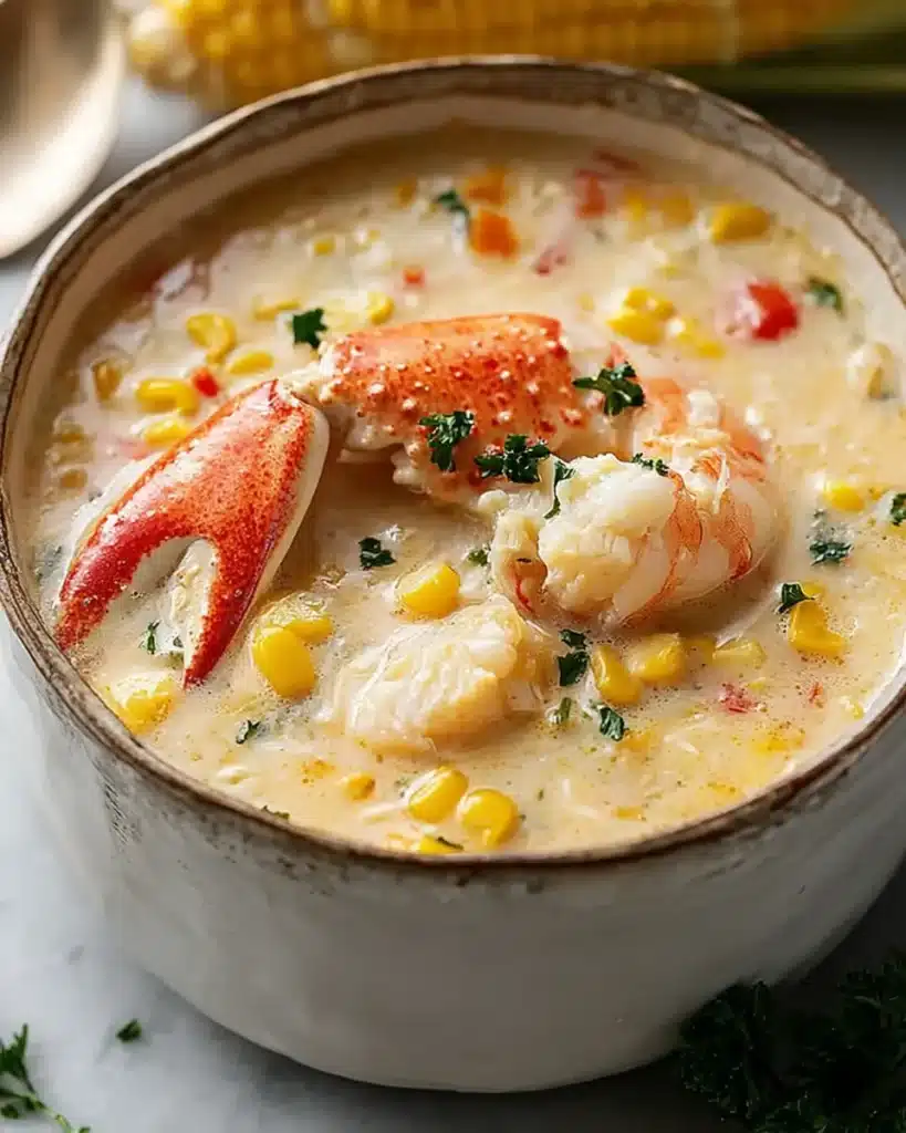 Creamy crab corn chowder with crab claw, fresh corn, and parsley