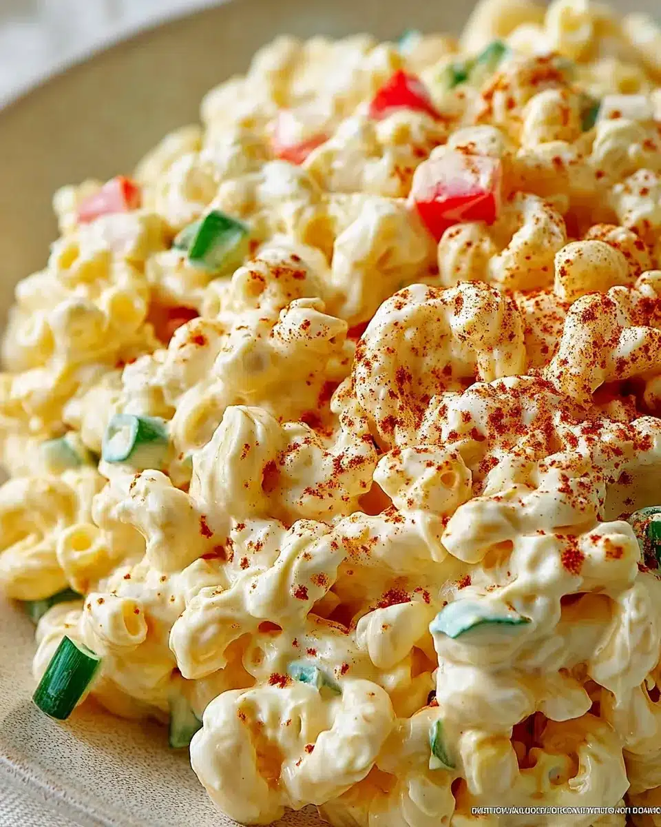 Deviled egg macaroni salad being mixed in a bowl with green onions and creamy dressing