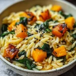 Butternut squash and spinach orzo pasta topped with black sesame seeds