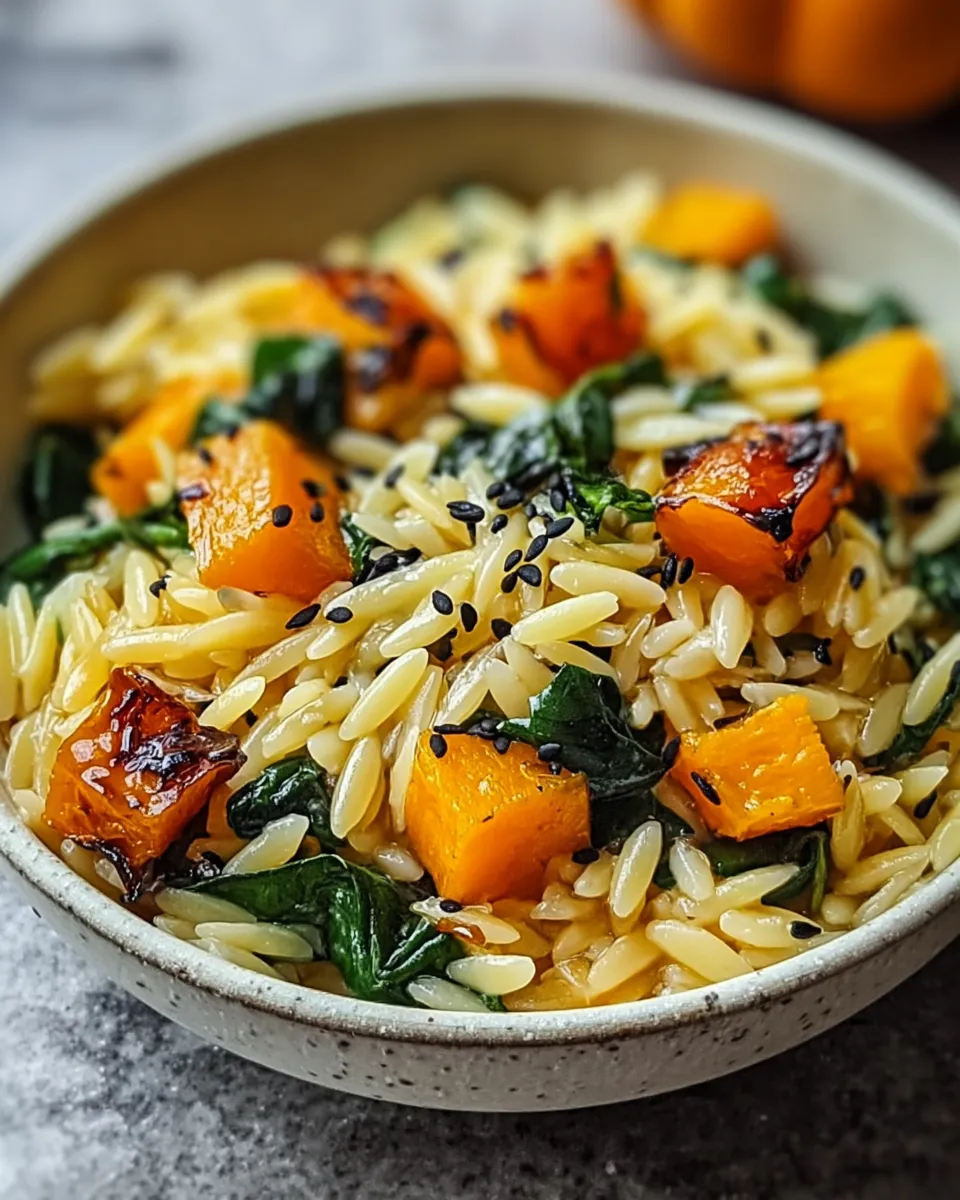 Butternut squash and spinach orzo pasta topped with black sesame seeds