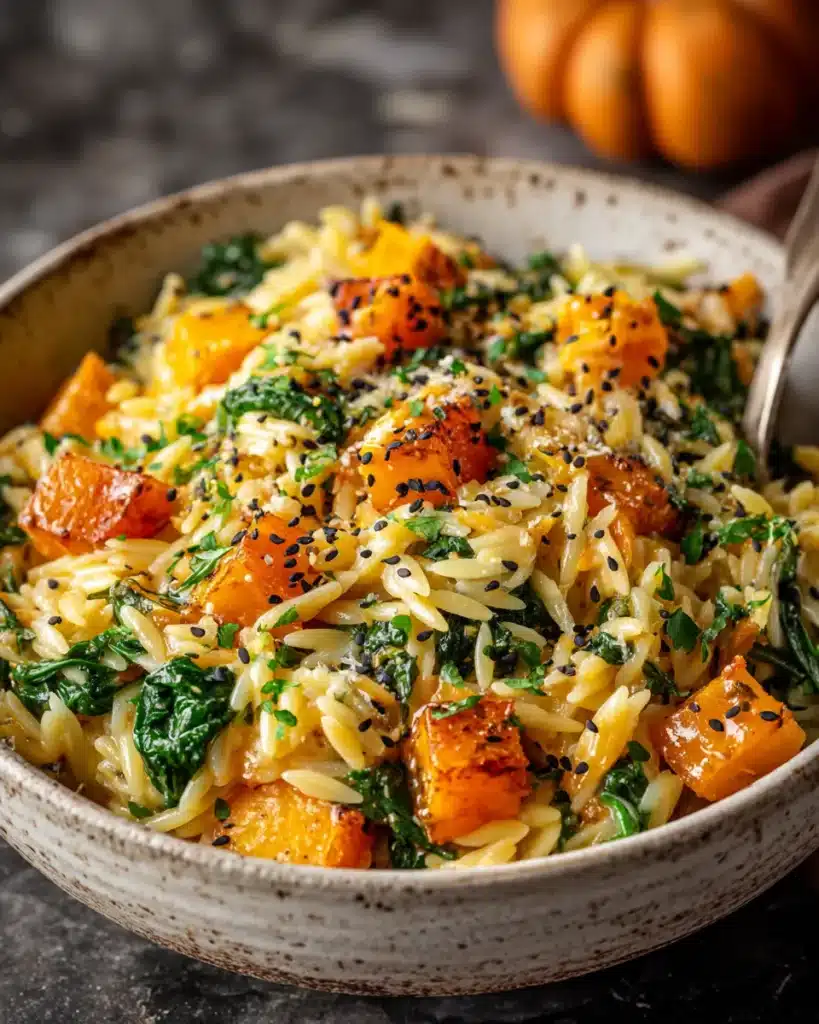 Creamy orzo pasta with roasted butternut squash and spinach in rustic bowl