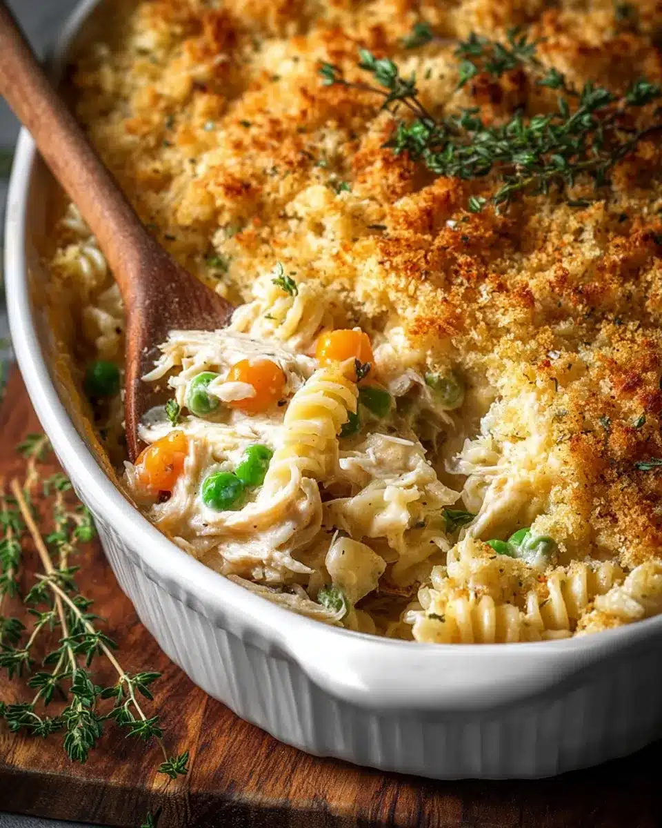 Baked turkey noodle casserole with golden panko crust being served from dish
