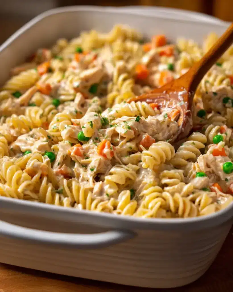 Creamy rotini turkey casserole with peas and carrots in a white baking dish