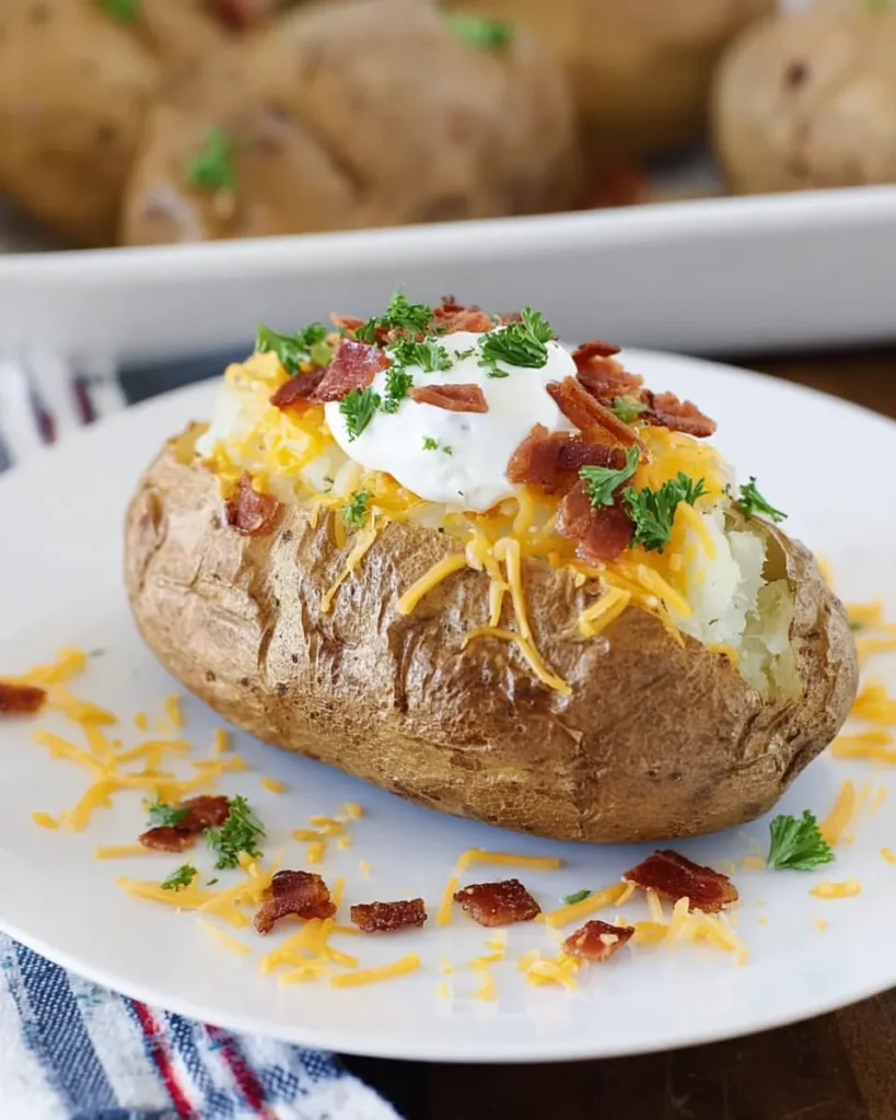 Baked potato topped with sour cream, cheddar, bacon, and parsley on a white plate