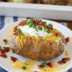 Steakhouse baked potato topped with sour cream, cheddar cheese, bacon, and parsley