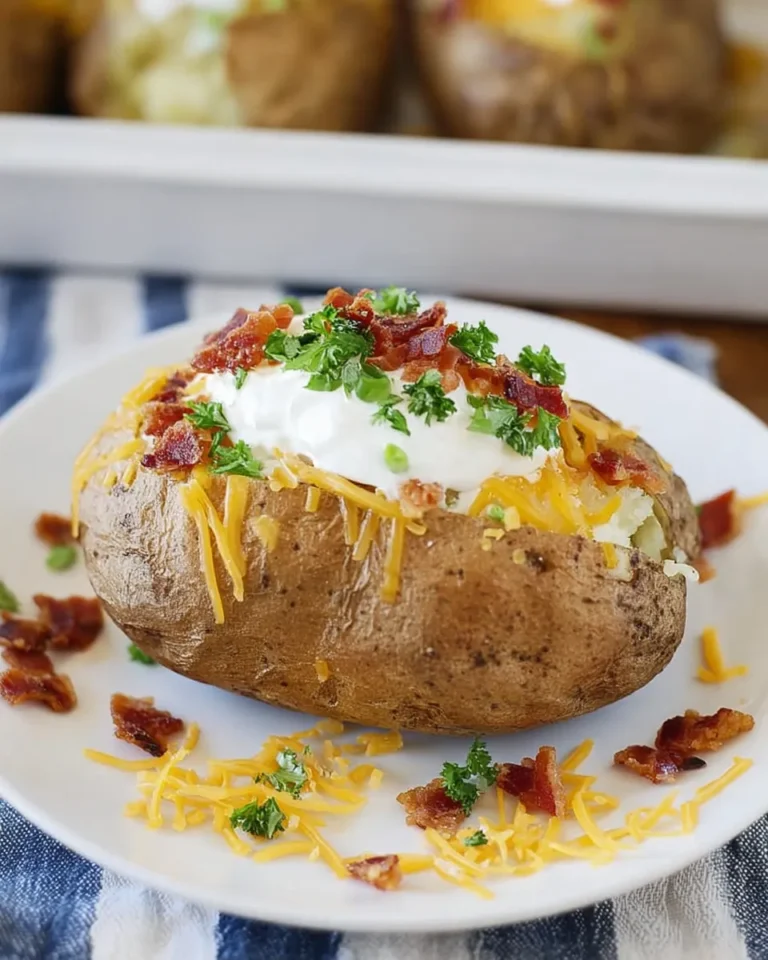Steakhouse baked potato topped with sour cream, cheddar cheese, bacon, and parsley