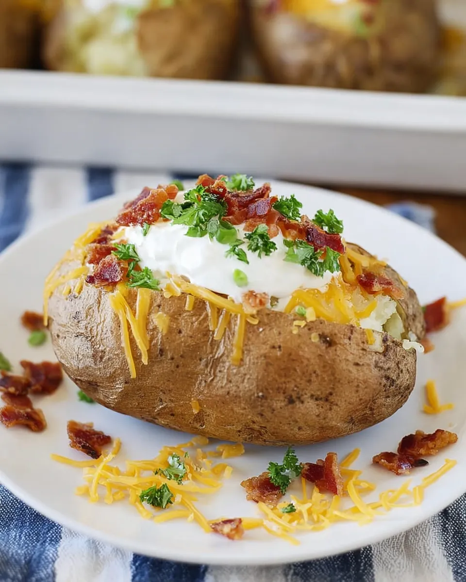 Steakhouse baked potato topped with sour cream, cheddar cheese, bacon, and parsley
