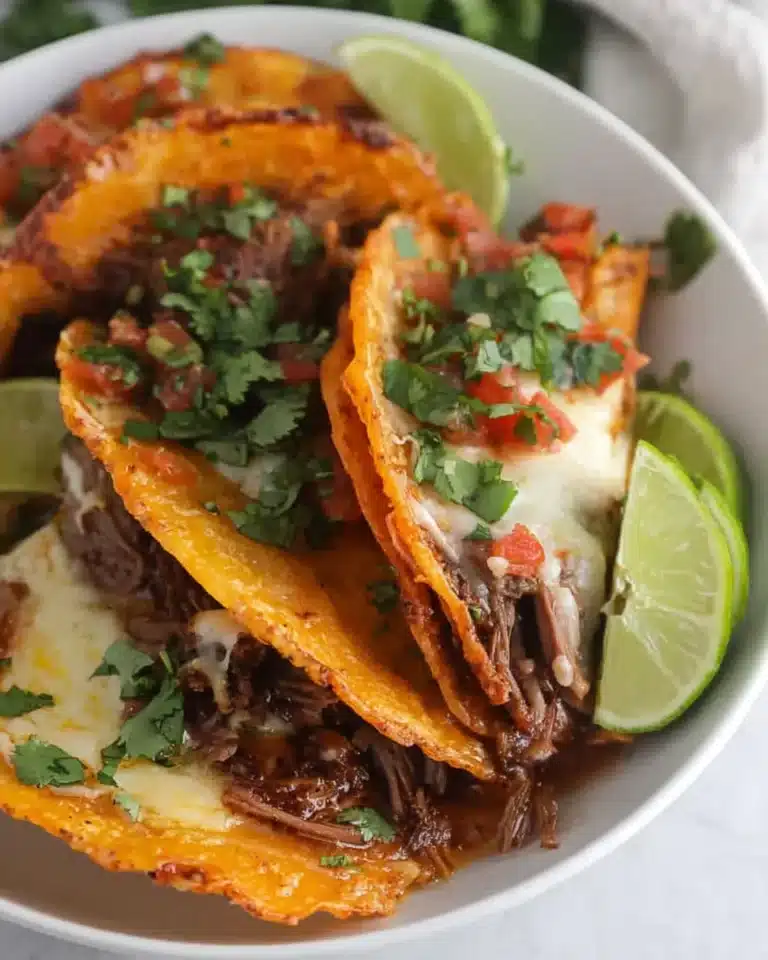Slow cooker birria tacos with shredded beef, crispy tortillas, and dipping consommé