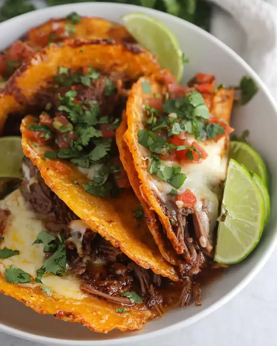 Slow cooker birria tacos with shredded beef, crispy tortillas, and dipping consommé