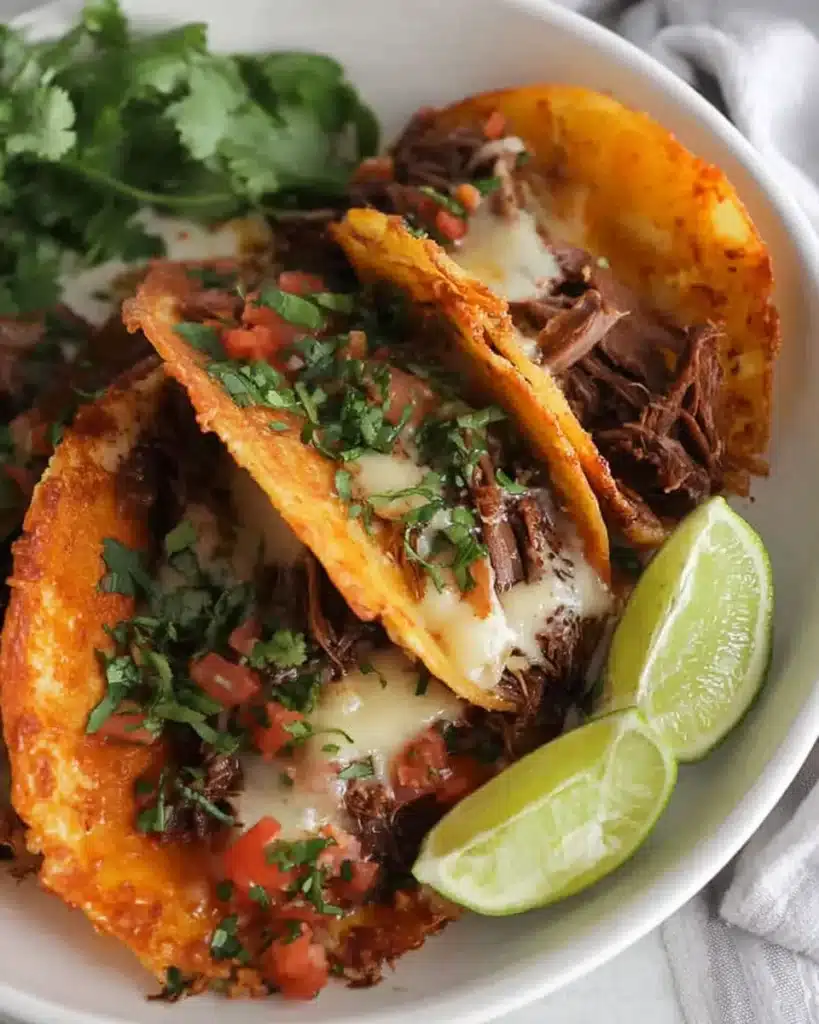 Cheesy birria tacos in a bowl with lime wedges and fresh cilantro