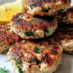 Close-up of Mediterranean chicken patties with parsley and lemon wedge