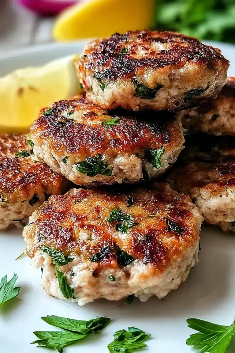 Close-up of Mediterranean chicken patties with parsley and lemon wedge
