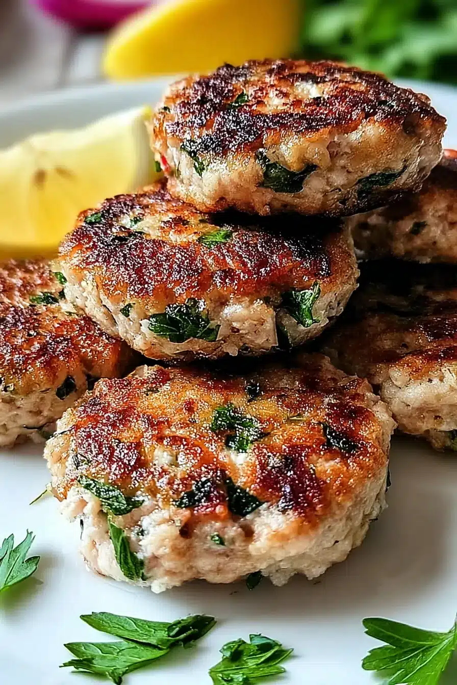Close-up of Mediterranean chicken patties with parsley and lemon wedge