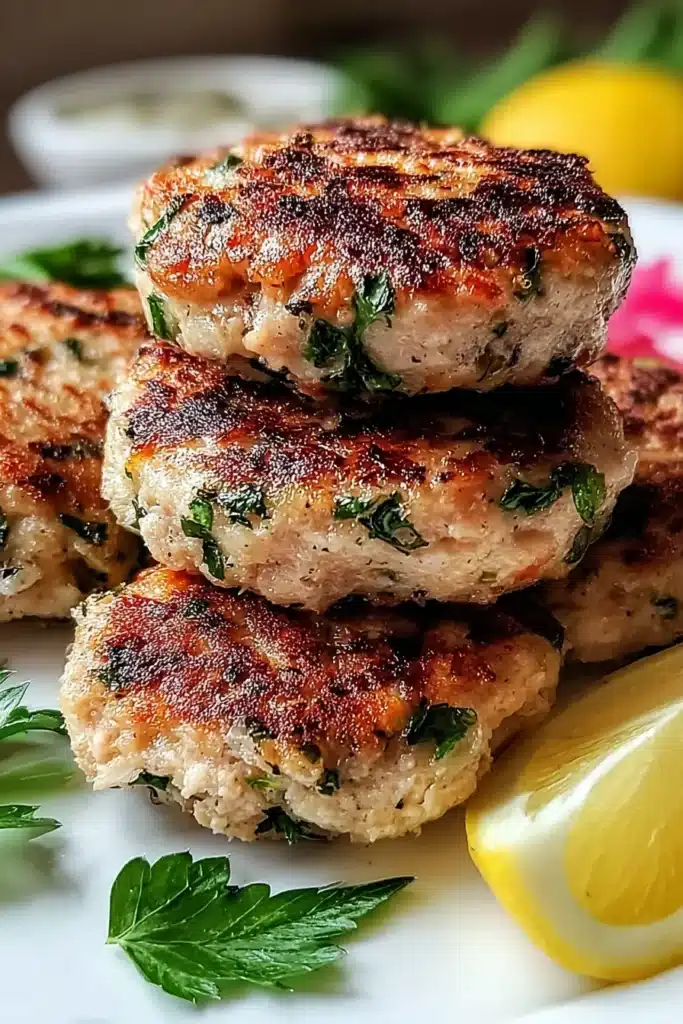 Stacked Greek-style chicken patties with parsley and lemon slices