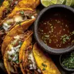 Authentic birria tacos with shredded beef and dipping broth