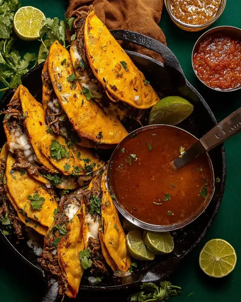 Cheesy beef birria tacos with consomé and fresh garnishes