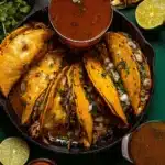 Crispy birria tacos with beef and cheese served with rich consomé in skillet