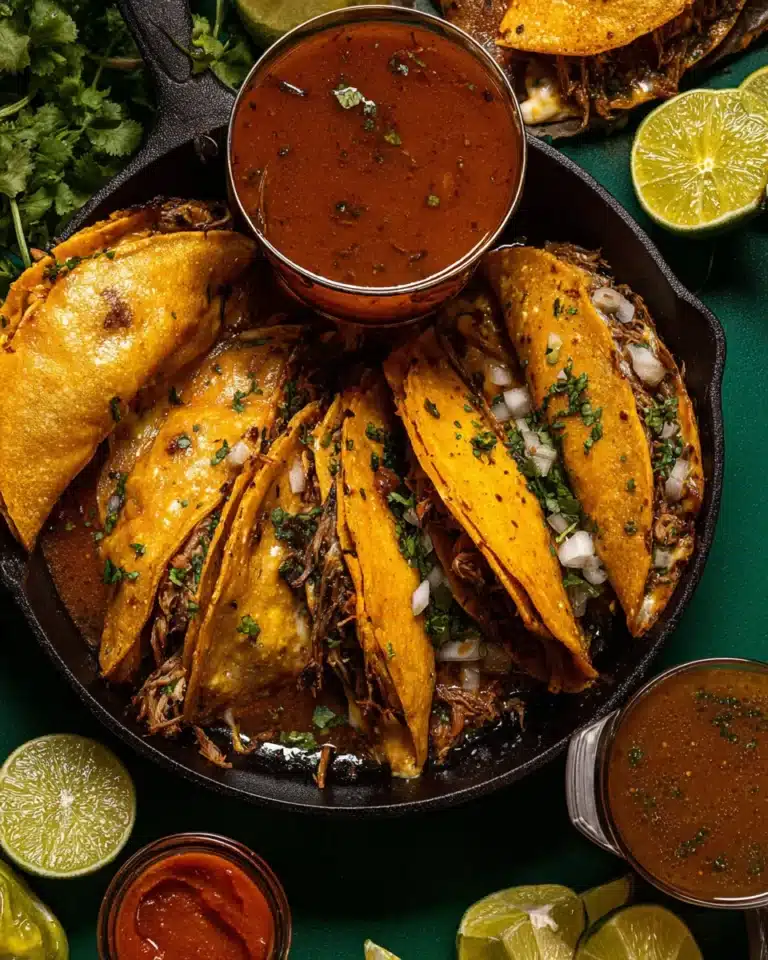 Crispy birria tacos with beef and cheese served with rich consomé in skillet