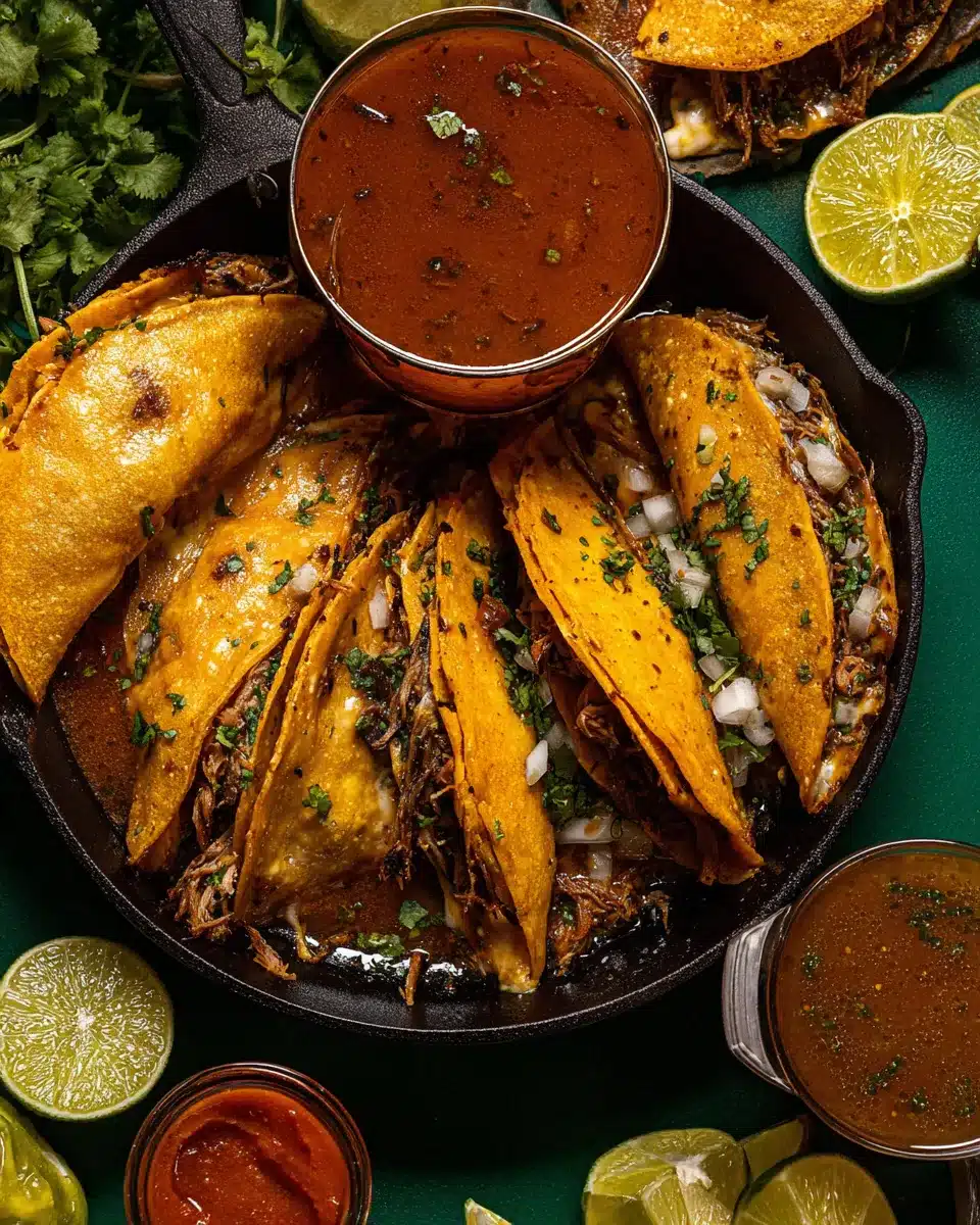Crispy birria tacos with beef and cheese served with rich consomé in skillet