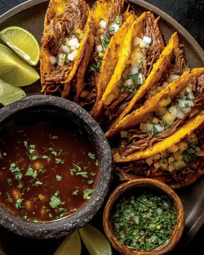Pan-fried birria tacos with onion, cilantro, and dipping sauce