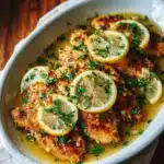 Plated lemon garlic chicken scallopini with parsley and lemon slices