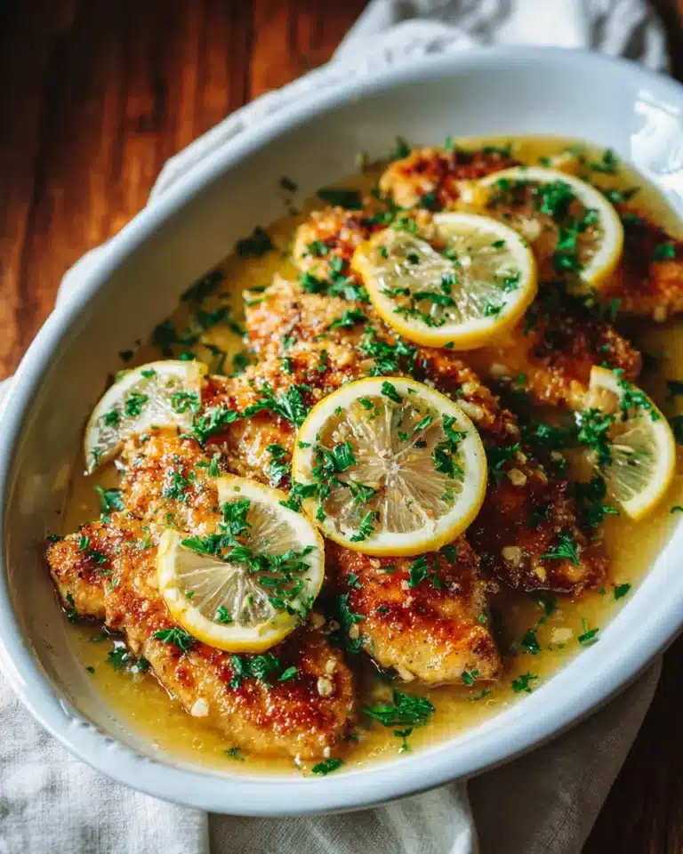 Plated lemon garlic chicken scallopini with parsley and lemon slices