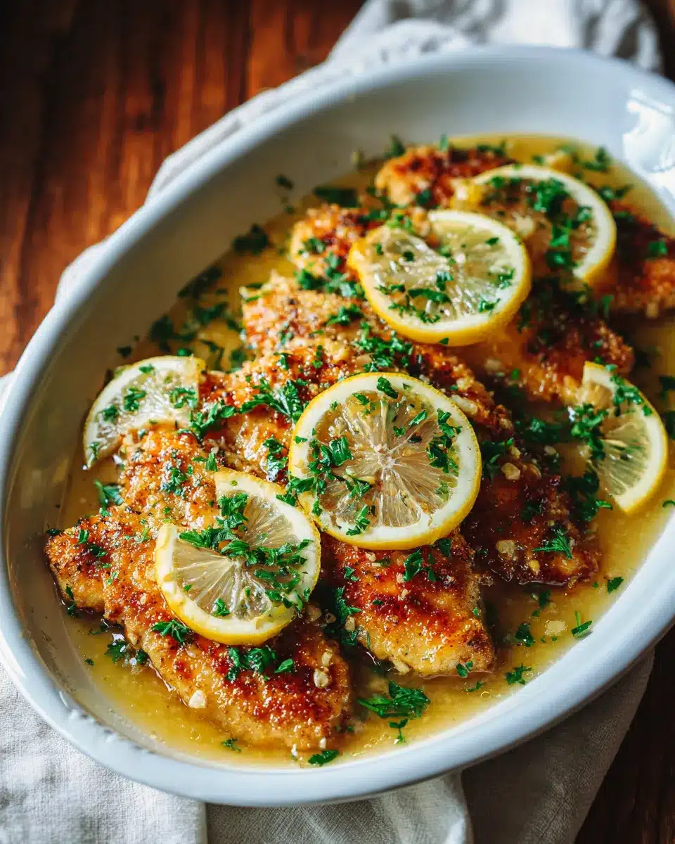 Plated lemon garlic chicken scallopini with parsley and lemon slices