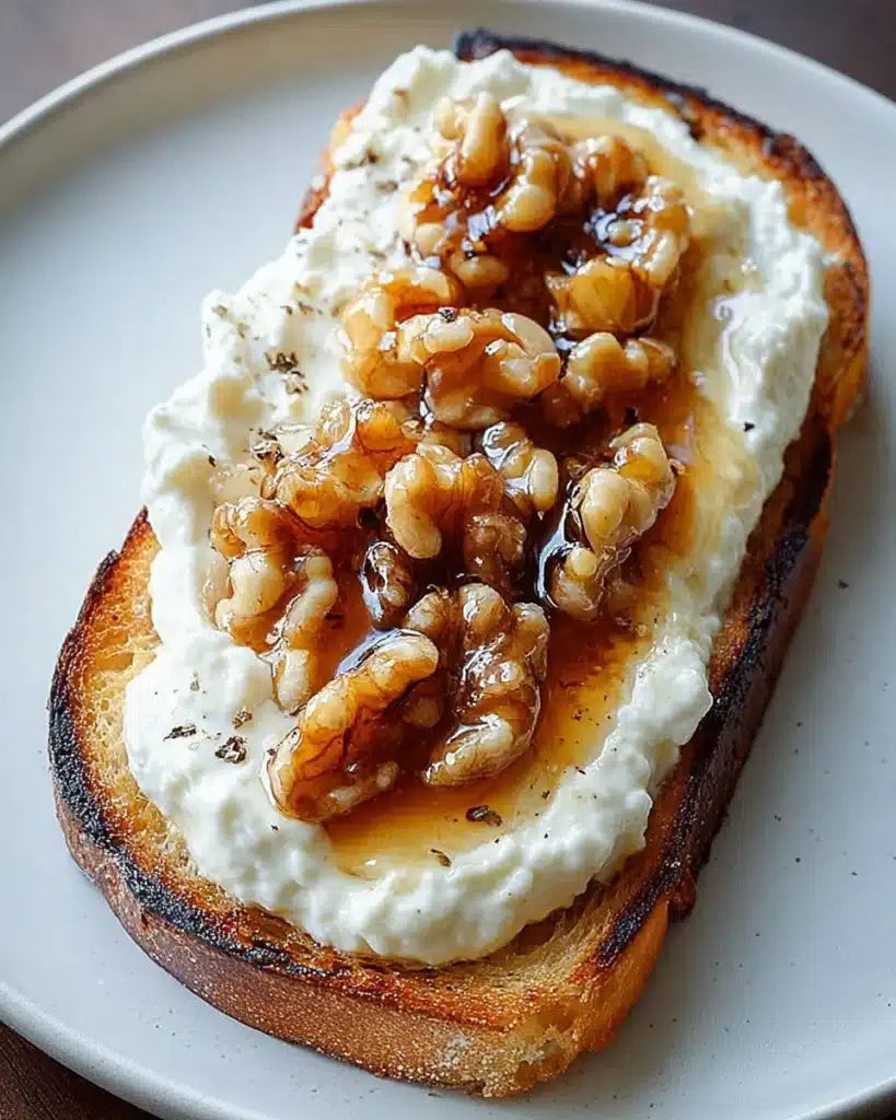 Toasted sourdough with whipped vanilla ricotta, walnuts, and honey drizzle