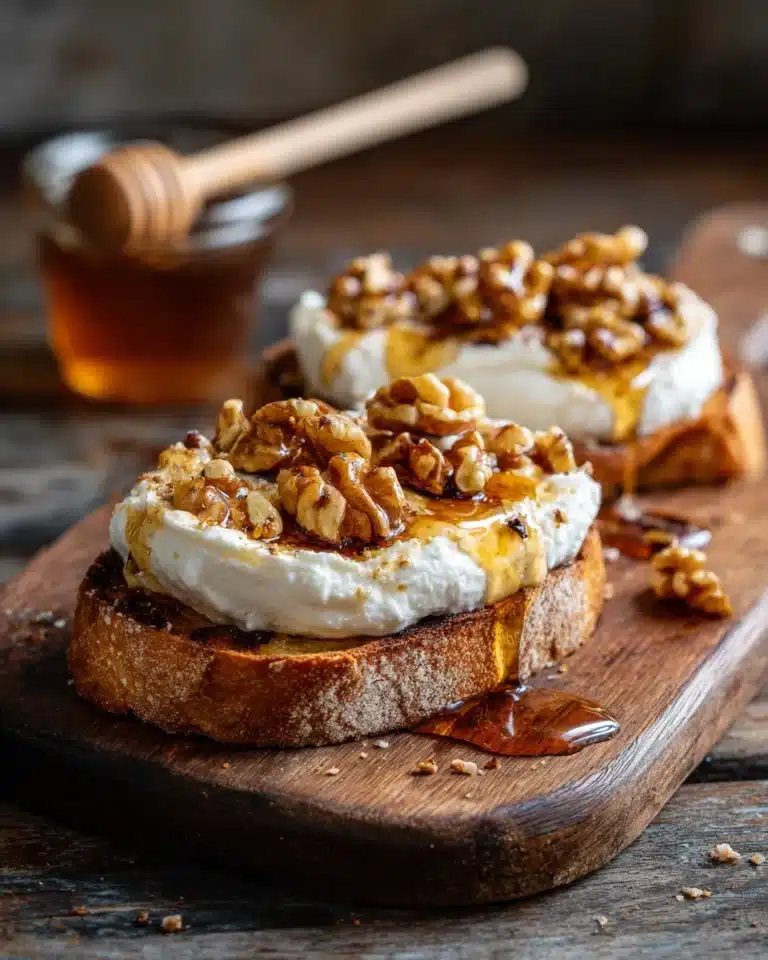Vanilla bean ricotta toast with walnuts and honey drizzle on rustic sourdough