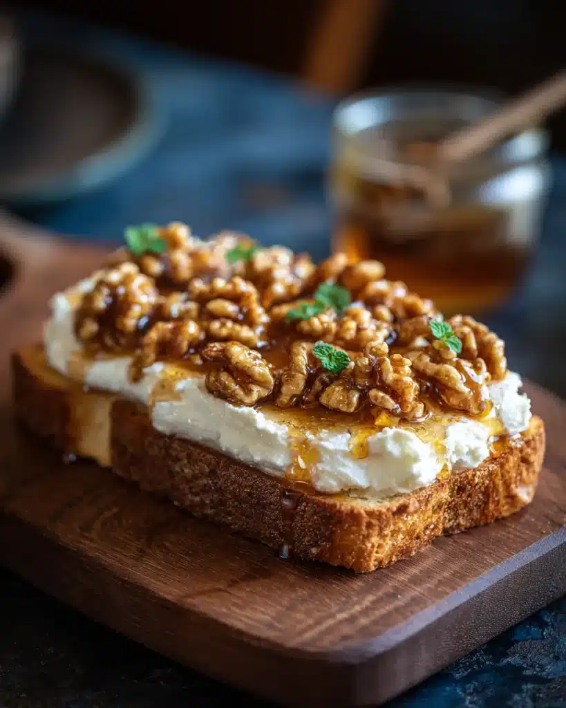 Vanilla ricotta toast with honey-drizzled walnuts and mint on thick bread