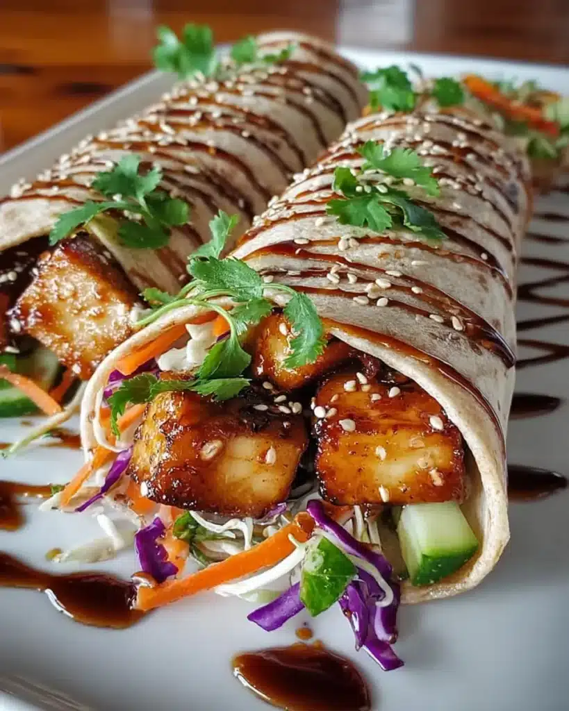 Close-up of sesame teriyaki tofu wraps with fresh vegetables and glaze