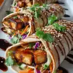 Crispy sesame teriyaki tofu wraps with fresh vegetables on a white plate