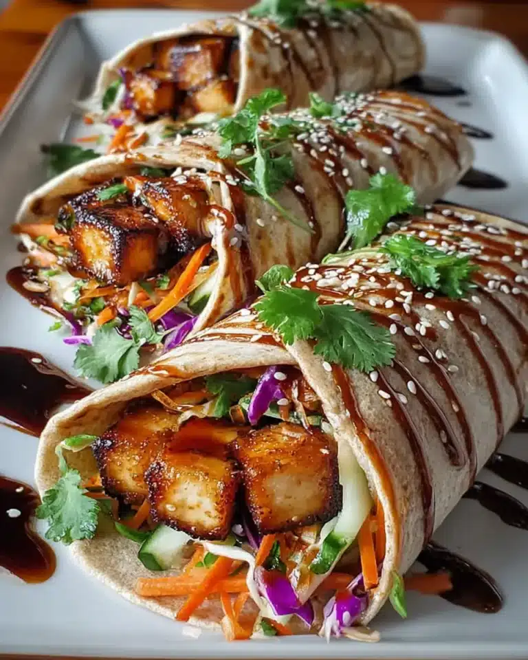Crispy sesame teriyaki tofu wraps with fresh vegetables on a white plate