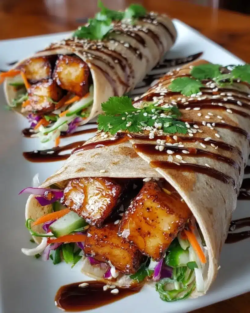 Grilled teriyaki tofu wraps with colorful veggies and sesame seeds