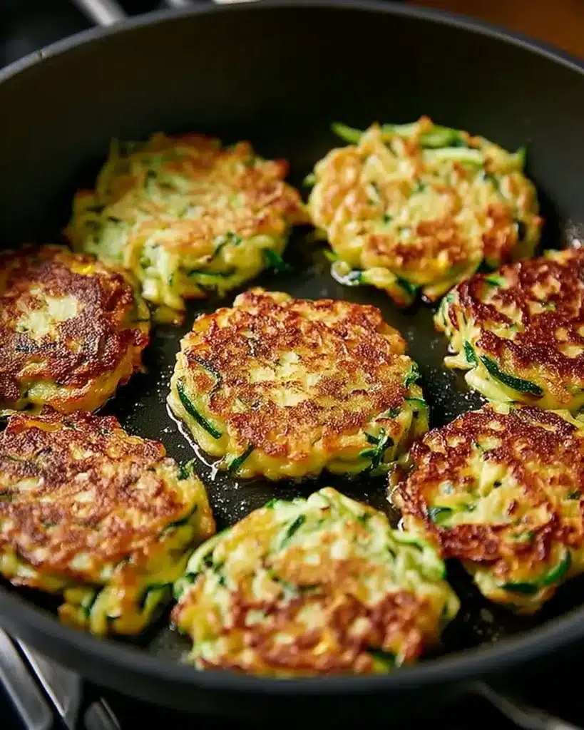 Zucchini fritters sizzling in a skillet, golden and crisp on the edges