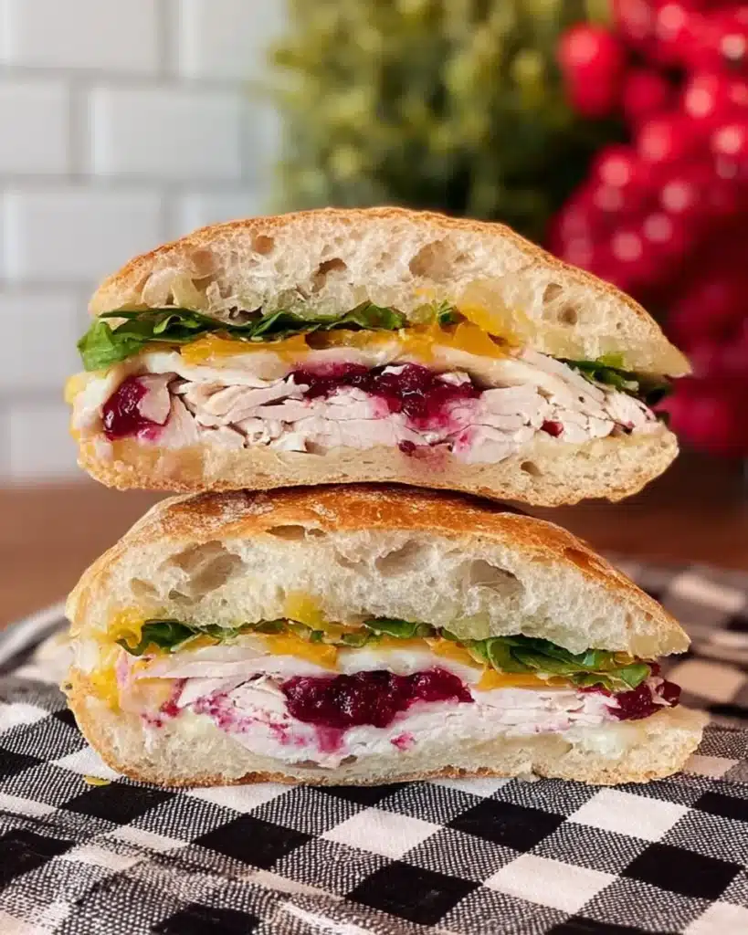 Thanksgiving leftover sandwich with turkey, cranberry sauce, and cheese