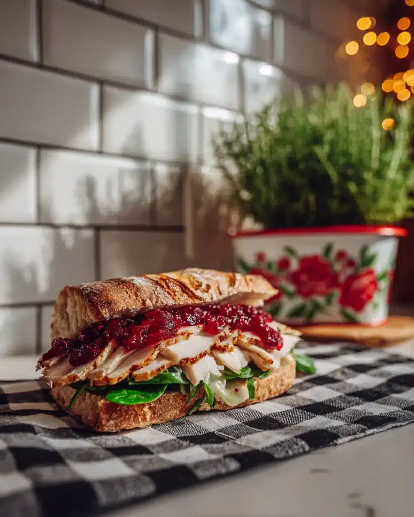 Rustic cranberry turkey sandwich with spinach and cheese on crusty bread