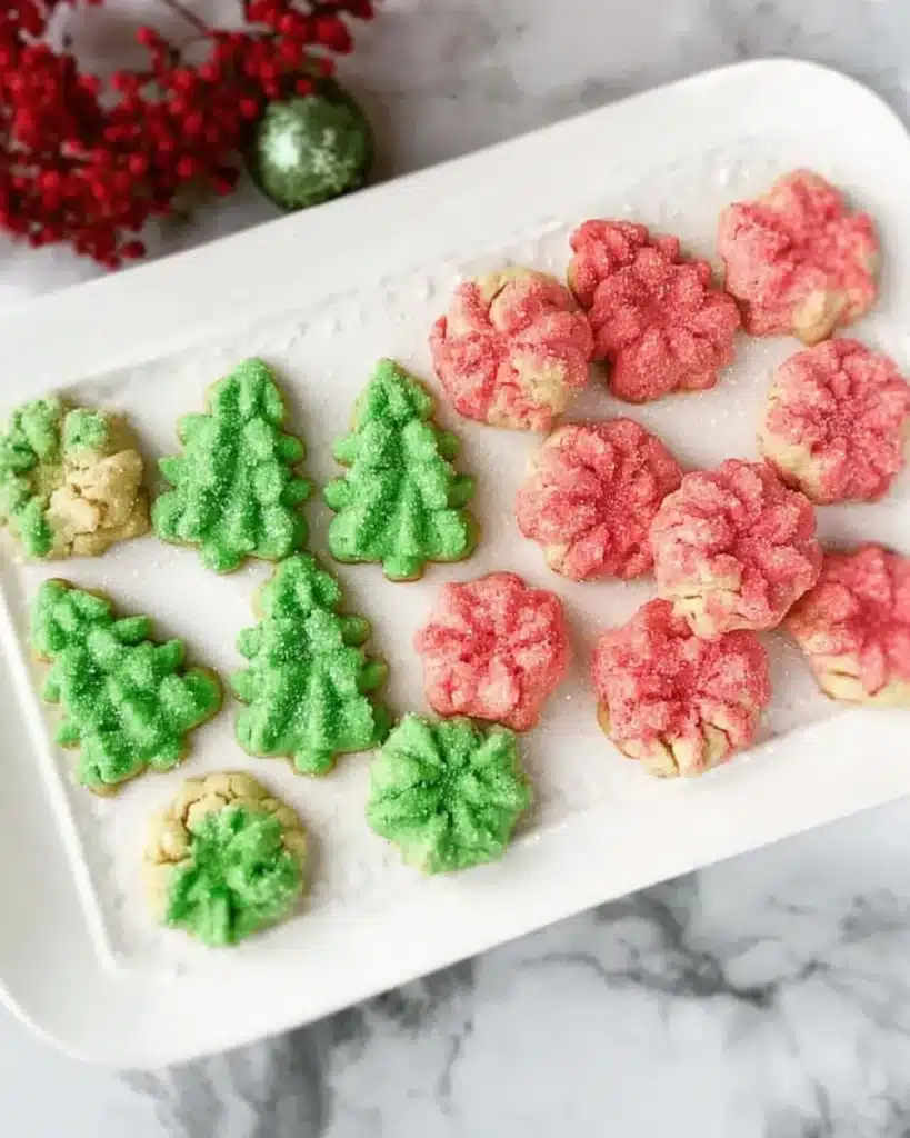 Christmas spritz cookies in red and green shaped like trees and flowers