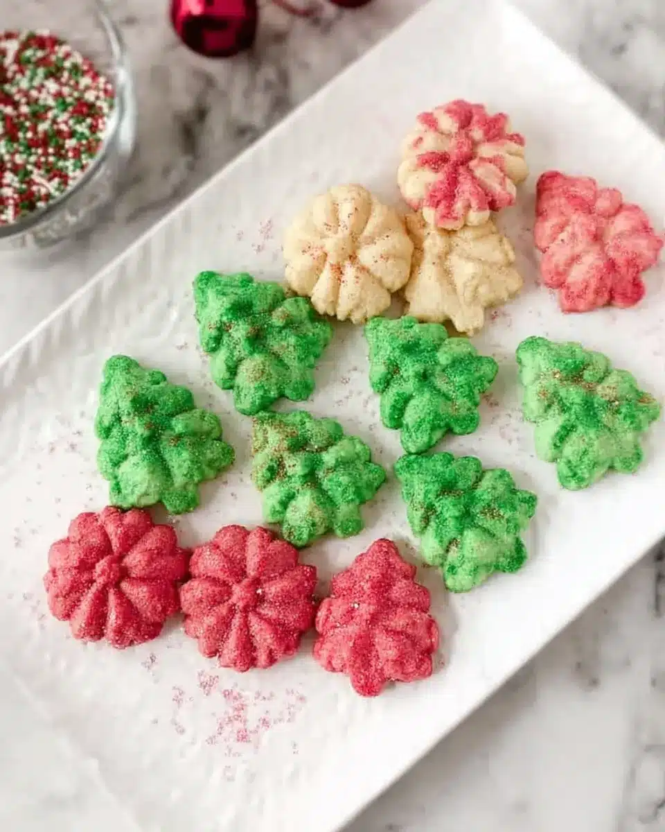 Festive Christmas spritz cookies shaped like trees and flowers