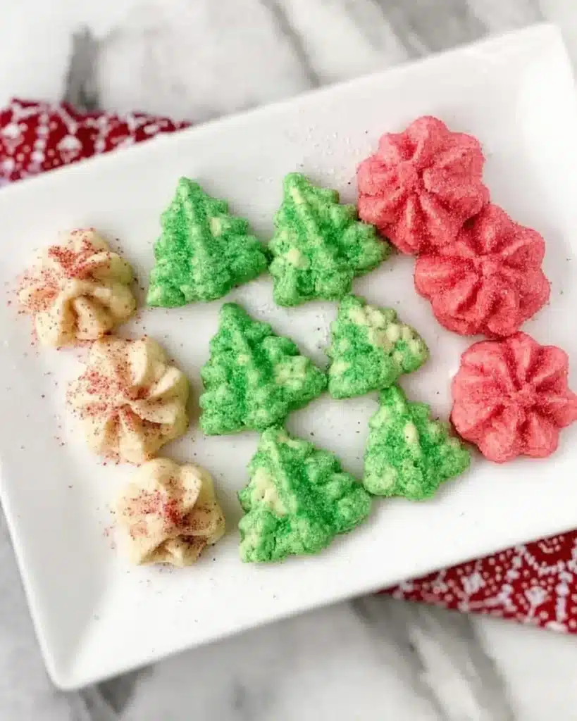 Holiday spritz cookies shaped like trees and flowers in red, green, and white