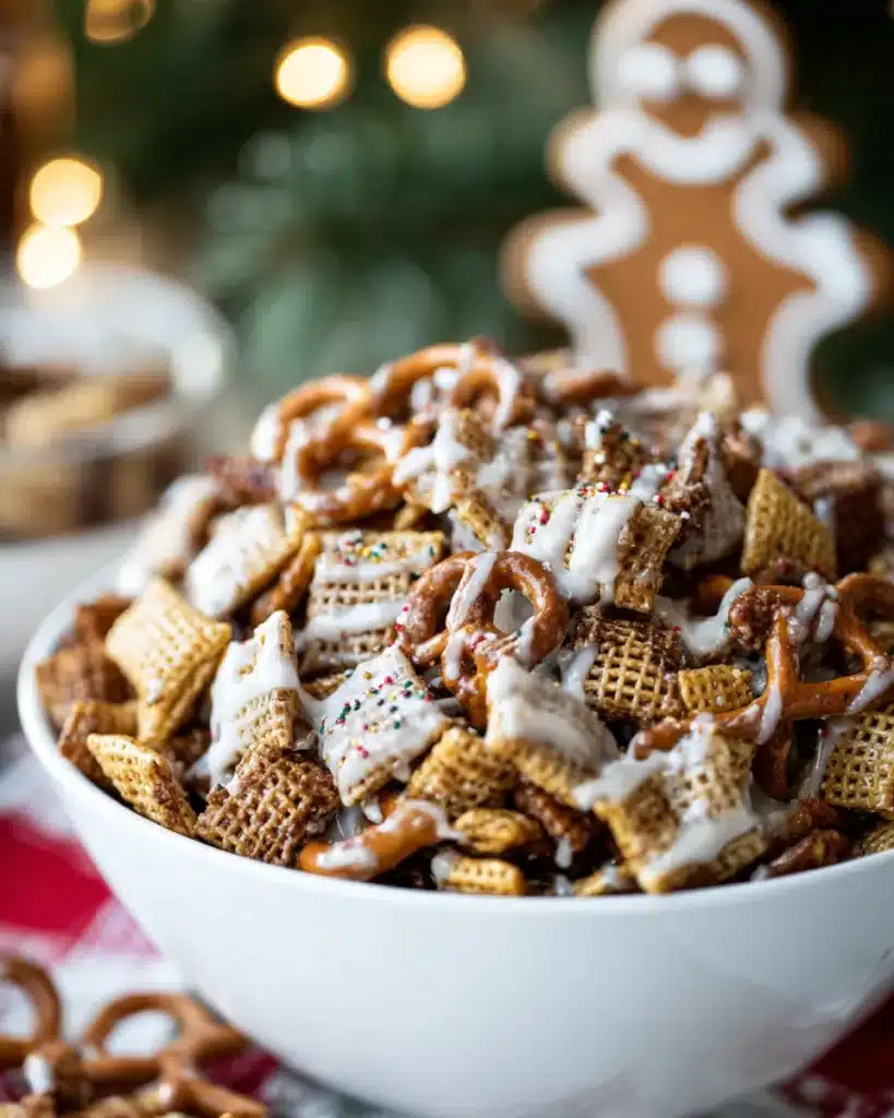 Close-up of Christmas Gingerbread Chex Mix with pretzels and sprinkles.