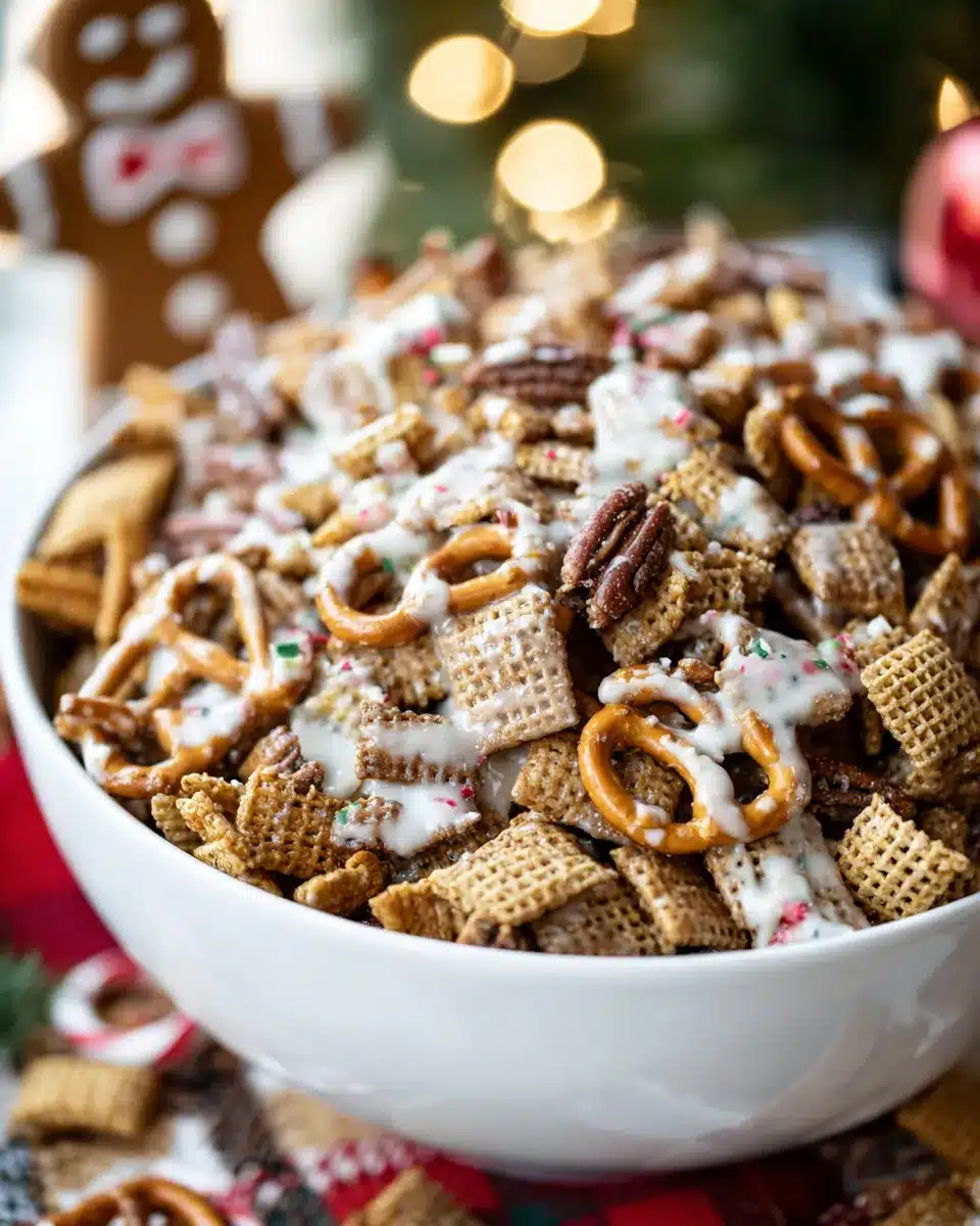 Gingerbread Chex Mix with pretzels and white chocolate drizzle in a holiday bowl.