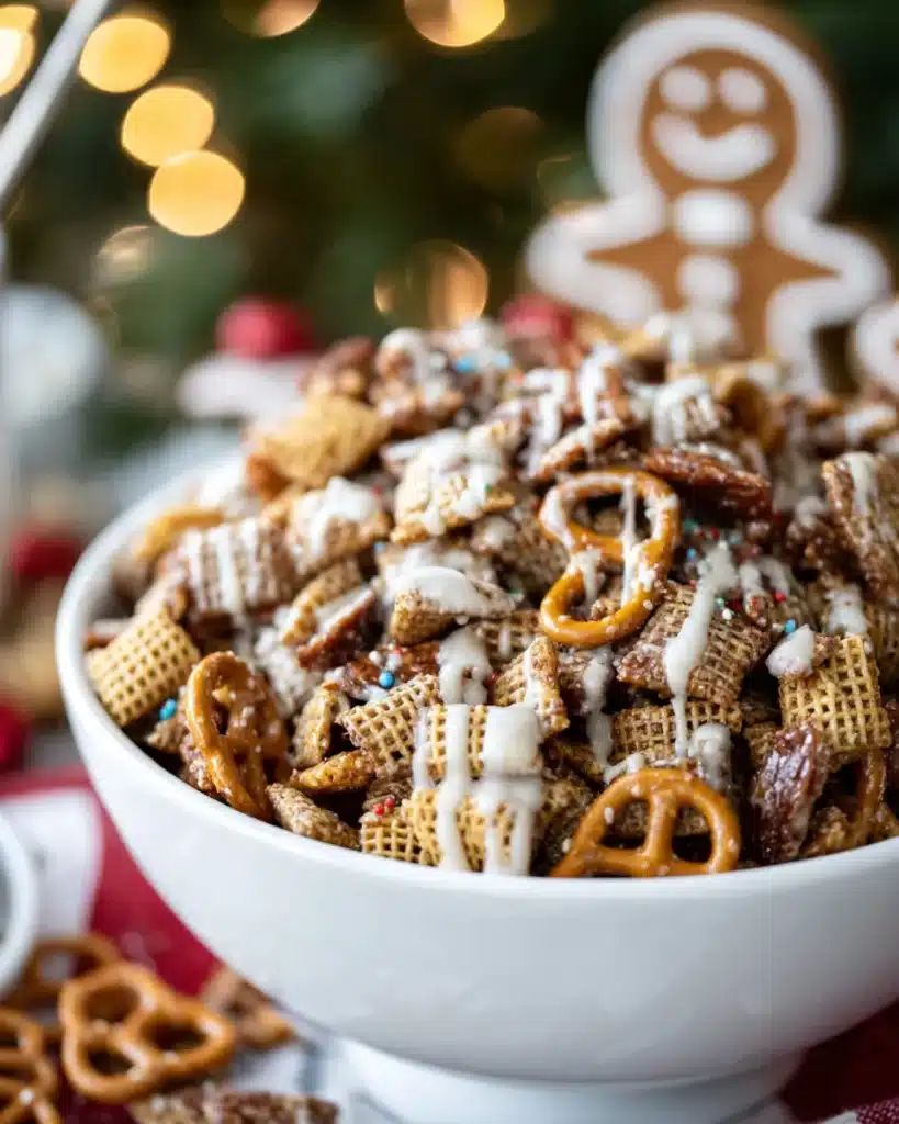 Bowl of gingerbread Chex mix with pretzels, white chocolate, and sprinkles.
