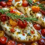 Baked white fish with cherry tomatoes, olives, and fresh herbs in olive oil