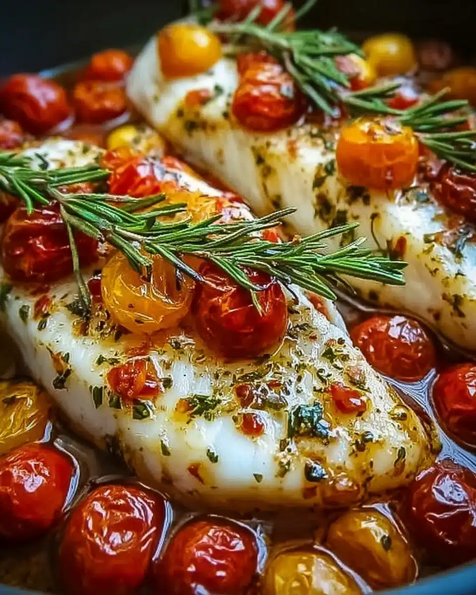 Baked white fish with cherry tomatoes, olives, and fresh herbs in olive oil